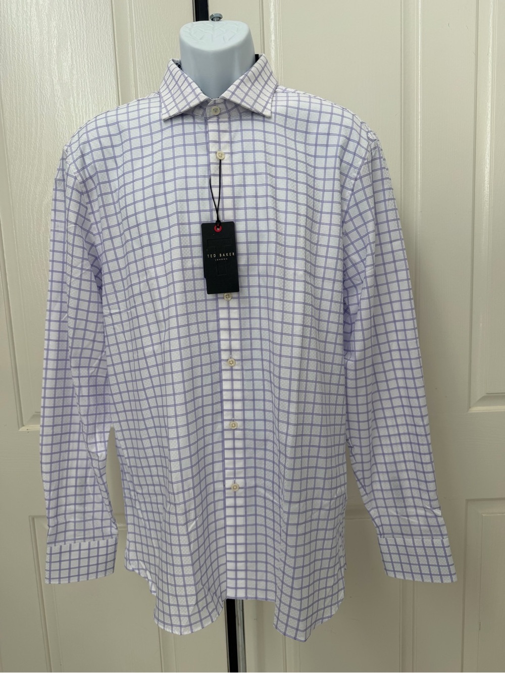 Ted Baker White with Light Purple Check Slim Dress Shirt 17 34/35